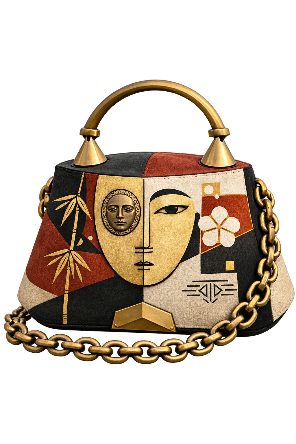 Front view of the complete NURAGHI handbag concept, including handle and chain